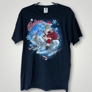 Believe Santa cat holiday Christmas t shirt in black